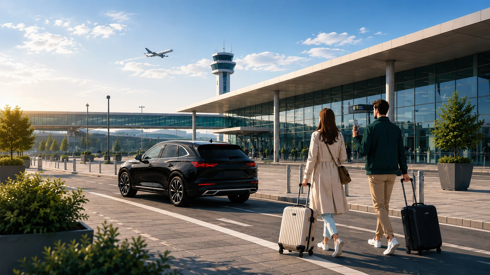 Chauffeur privé My VTC Go attendant des voyageurs devant un terminal d'aéroport
