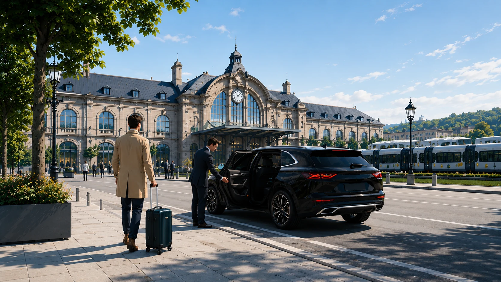 Chauffeur privé My VTC Go accueillant un voyageur devant une gare